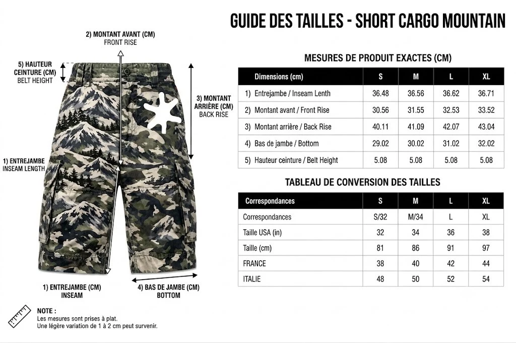 Guide des tailles du short cargo MOUNTAIN