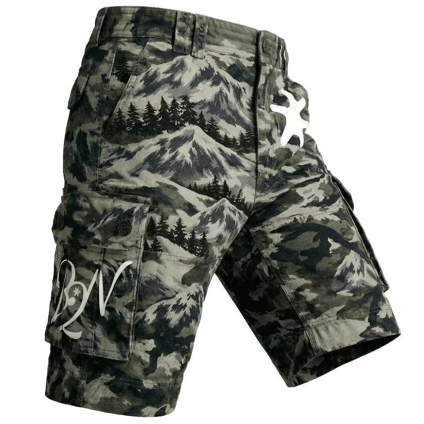 Short cargo MOUNTAIN en denim à imprimé montagne